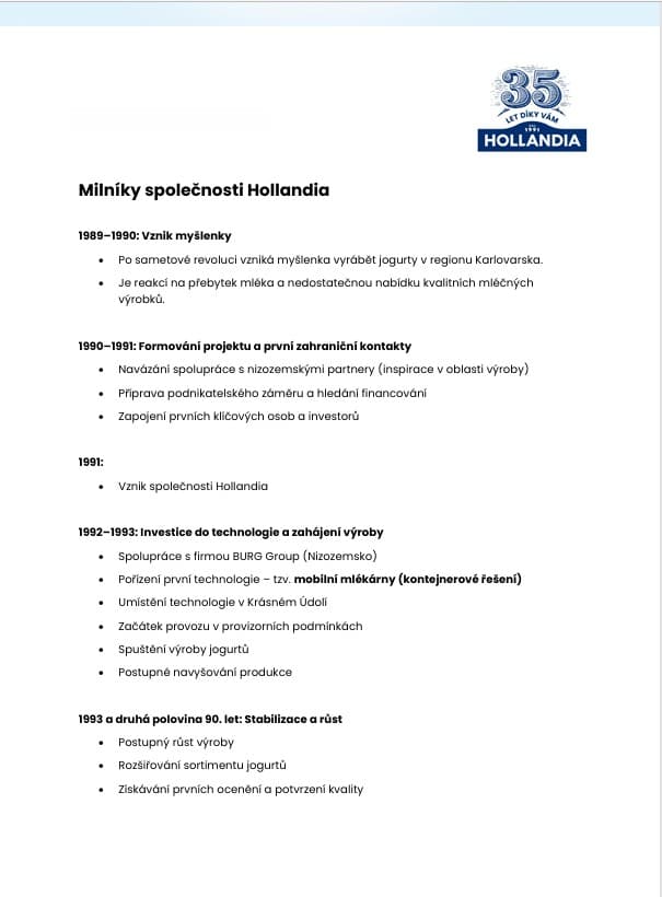 download item - HOLLANDIA Milníky společnosti